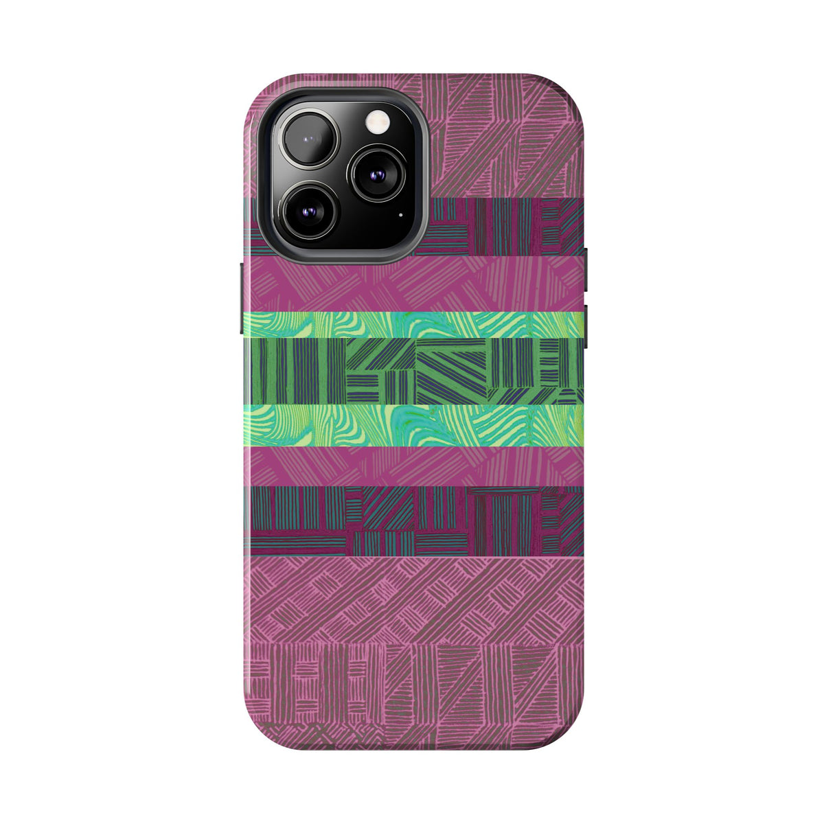 Fractyl glossy protective iphone 18 pro max case, Geometric Stripes Tough Phone Case — Purple & Teal Tribal Pattern, front and side product display