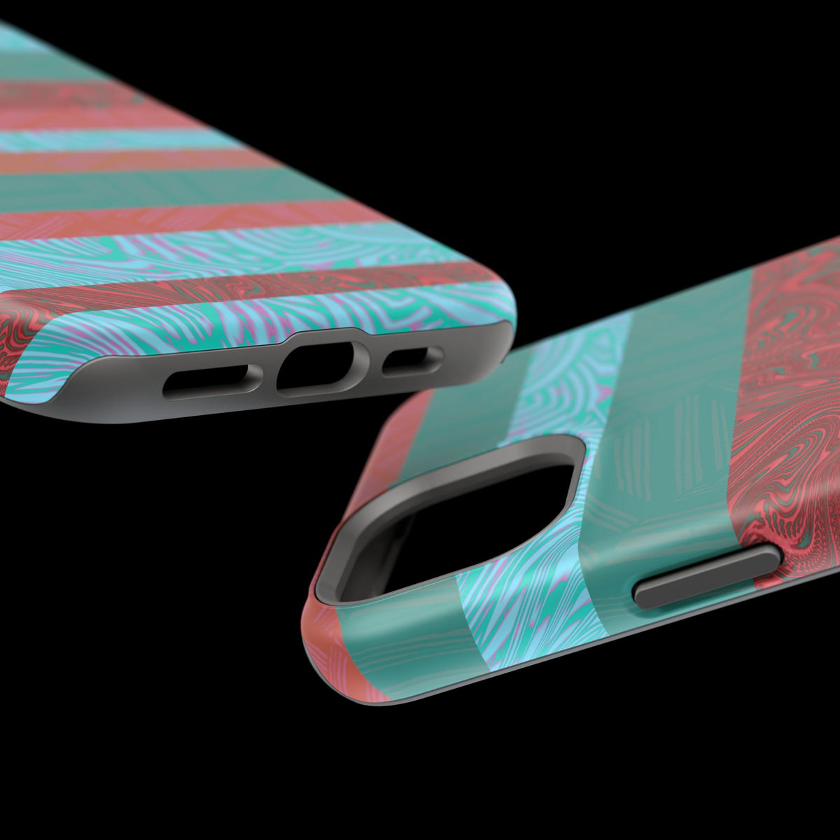 Striped Teal & Coral Magnetic Impact Phone Case bottom edge and speaker openings, Fractyl magsafe compatible iphone 18 pro max case