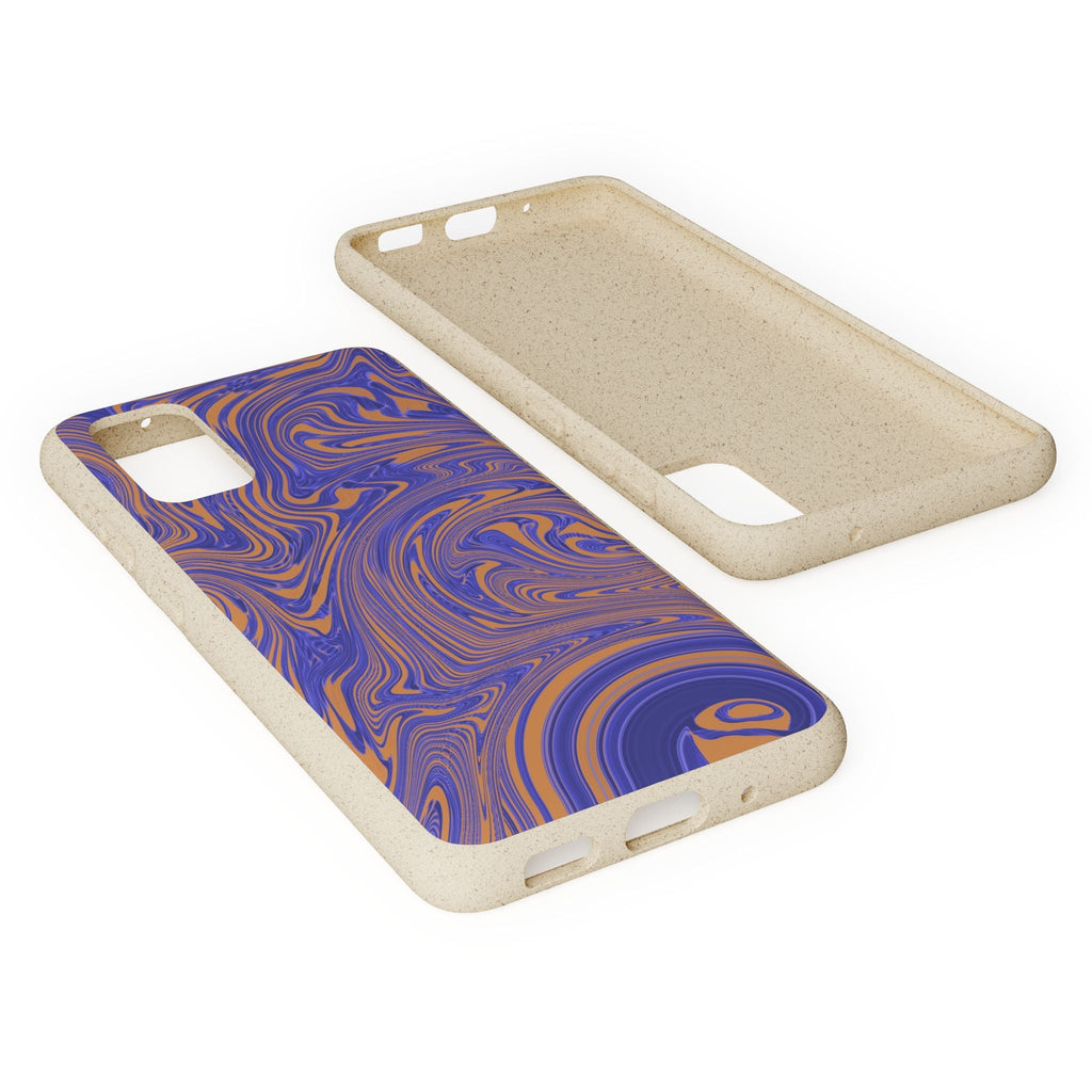 Biodegradable Marble Swirl Phone Case — Purple & Orange Eco-Friendly Protective Cover, angled case detail; protective biodegradable case _CASETiFY5 alternative.