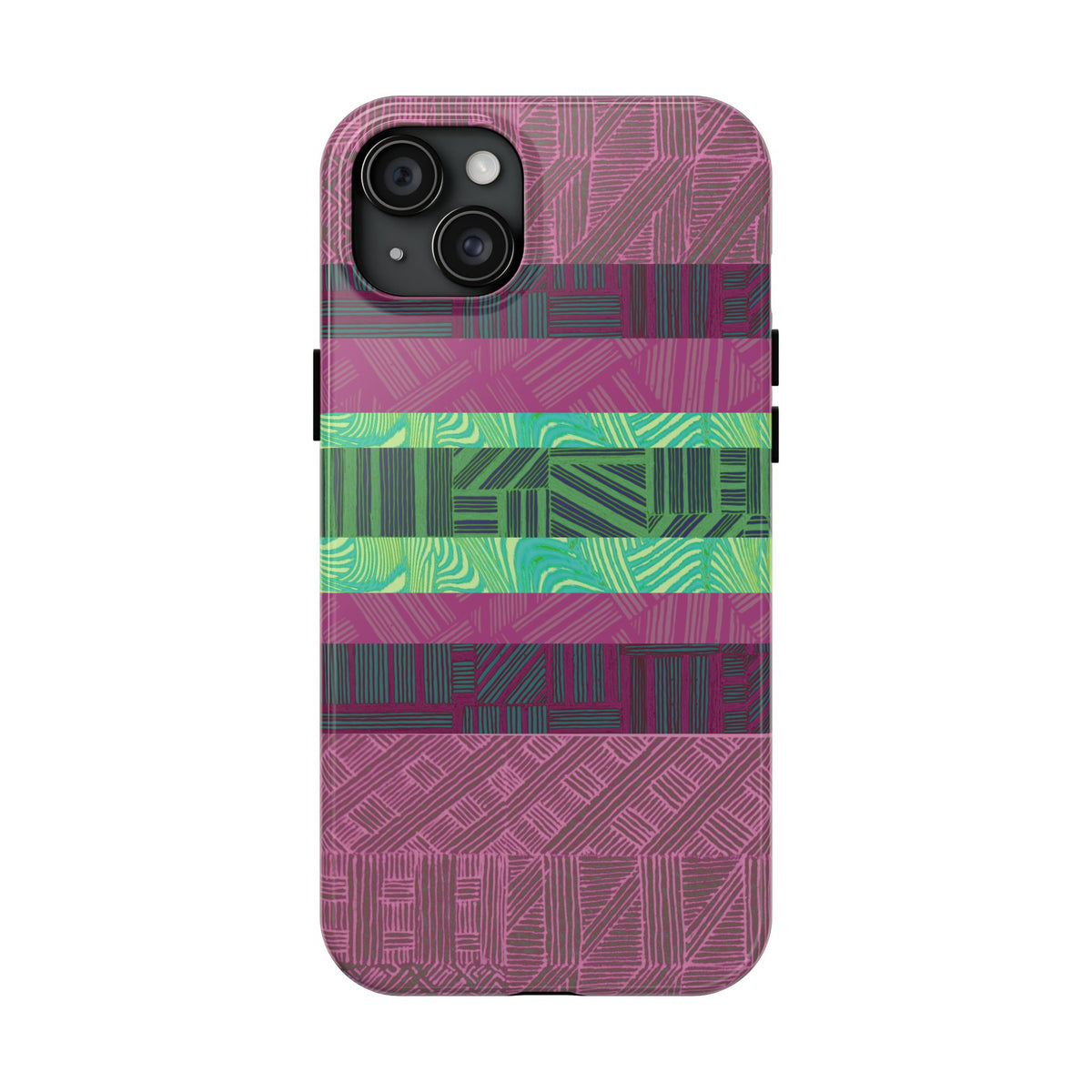 Fractyl glossy protective iphone 18 pro max case, Geometric Stripes Tough Phone Case — Purple & Teal Tribal Pattern, camera protection detail