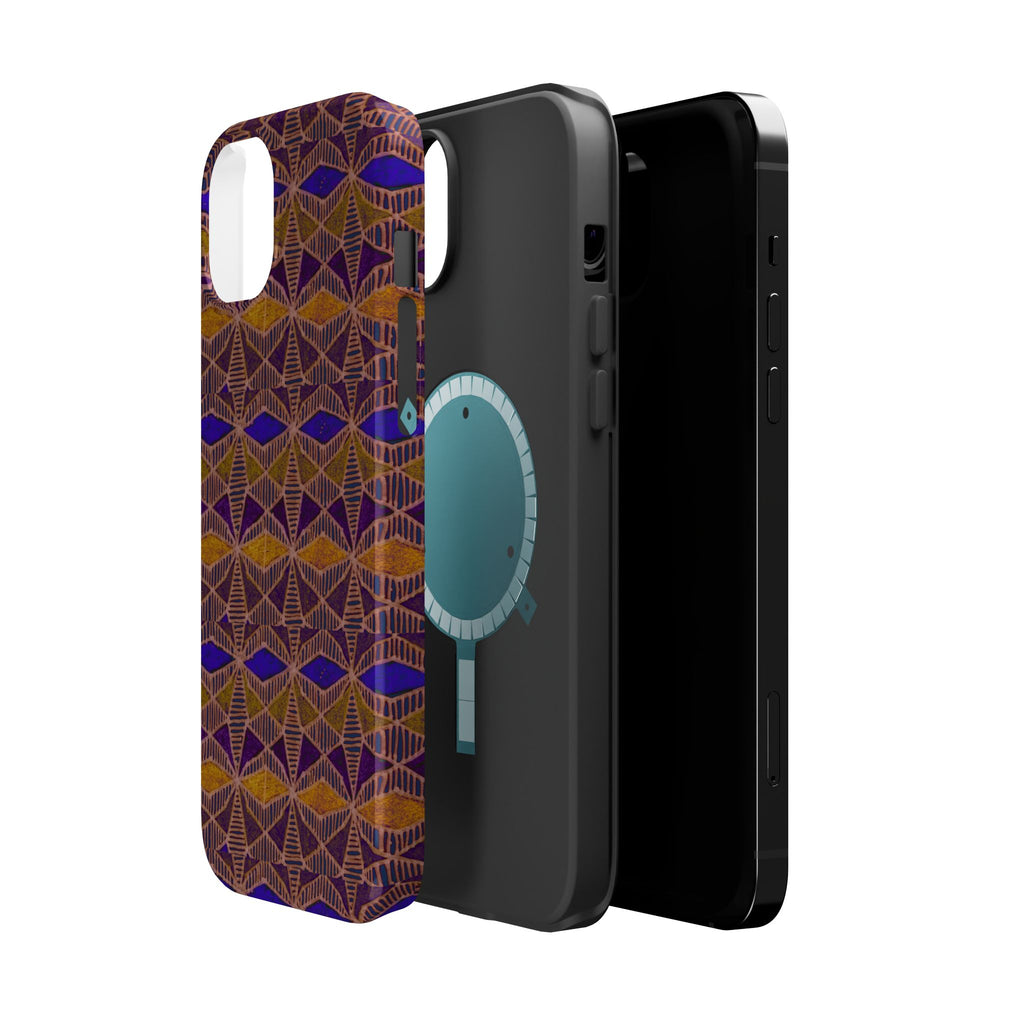 Phone Case — Geometric Tribal Pattern Magnetic Impact-Resistant Case, Fractyl impact resistant iphone 16 pro case shown with artistic brown, purple, and gold patterning.