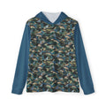 Camo Performance Warmup Hoodie front view with blue-green camouflage body, teal sleeves, and hood, designed as a lightweight camo hiking hoodie.