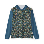 Camo Performance Warmup Hoodie front view with blue-green camouflage body, teal sleeves, and hood, designed as a lightweight camo hiking hoodie.