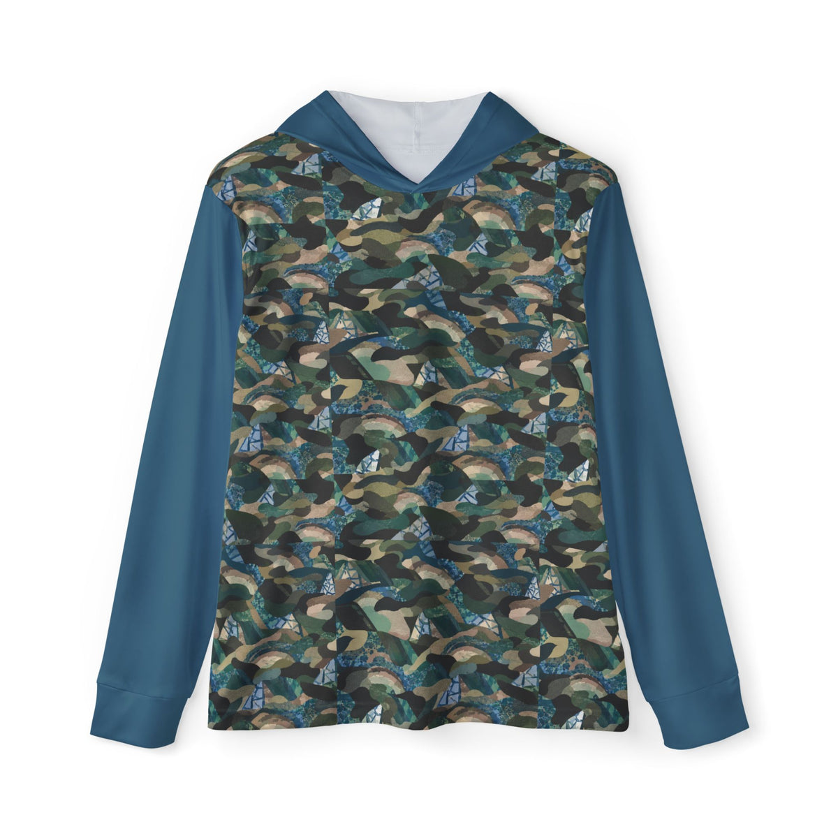 Camo Performance Warmup Hoodie front view with blue-green camouflage body, teal sleeves, and hood, designed as a lightweight camo hiking hoodie.