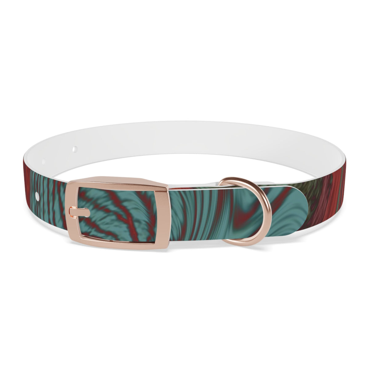 Elegant rose gold buckle featured on the Marbled Swirl Dog Collar — Red & Teal Abstract Pet Collar, emphasizing its hypoallergenic dog collar material.