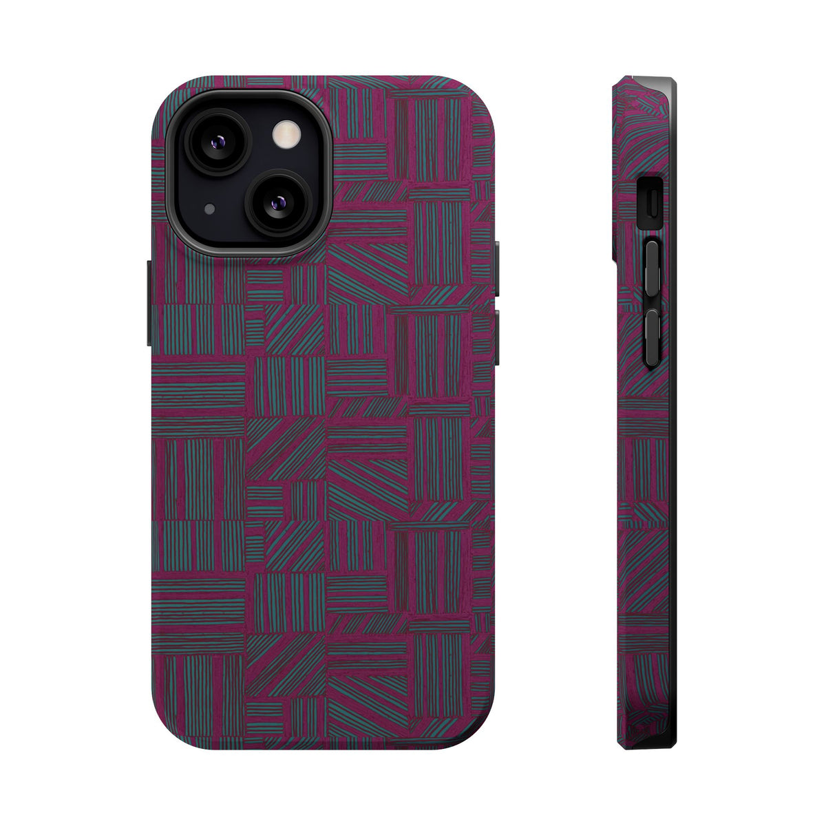 Slim Protective Phone Case With MagSafe, Dual-Layer Impact Protection, Plum Geometric Design, triple-camera rear profile with rich plum pattern; slim protective iphone 16 promax  case.