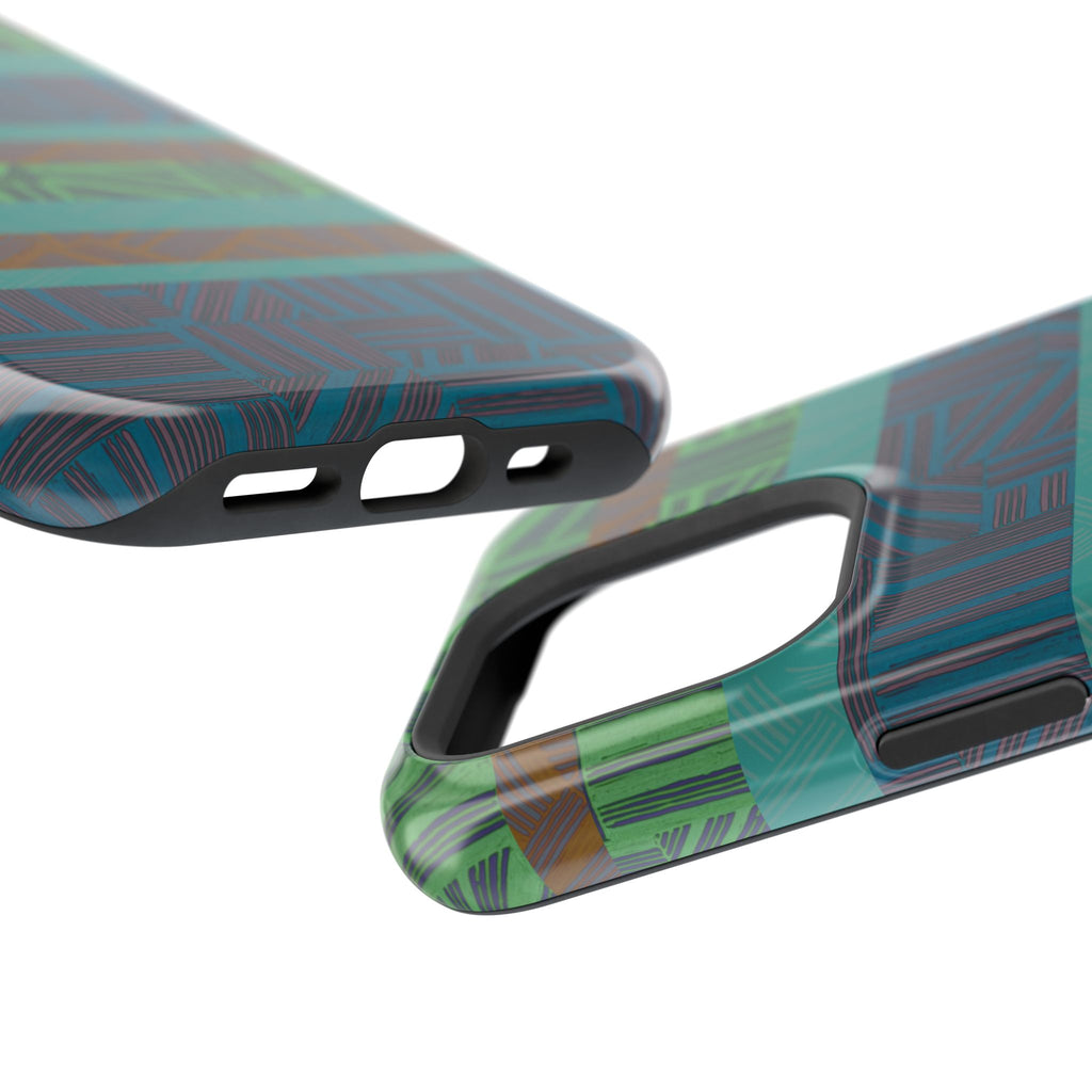 Green Geometric Stripe Phone Case — Impact-Resistant, wireless charging iphone 16 pro max case with protective raised edges and camera clearance.