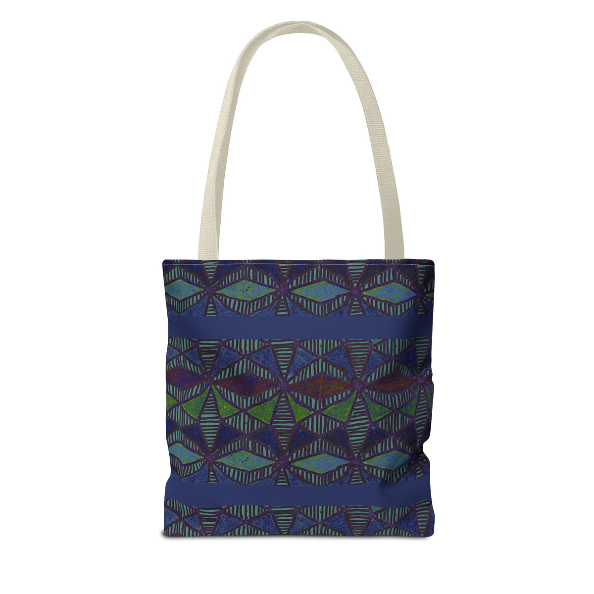 Geometric Indigo Printed Canvas Market Tote With Reinforced Handles And Boxed Corners, large cotton tote carried by hand with natural-colored handles