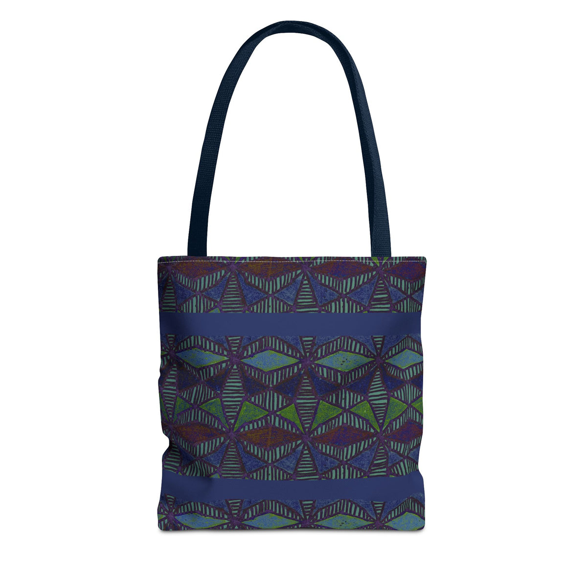 Geometric Indigo Printed Canvas Market Tote With Reinforced Handles And Boxed Corners, large cotton tote with navy handles