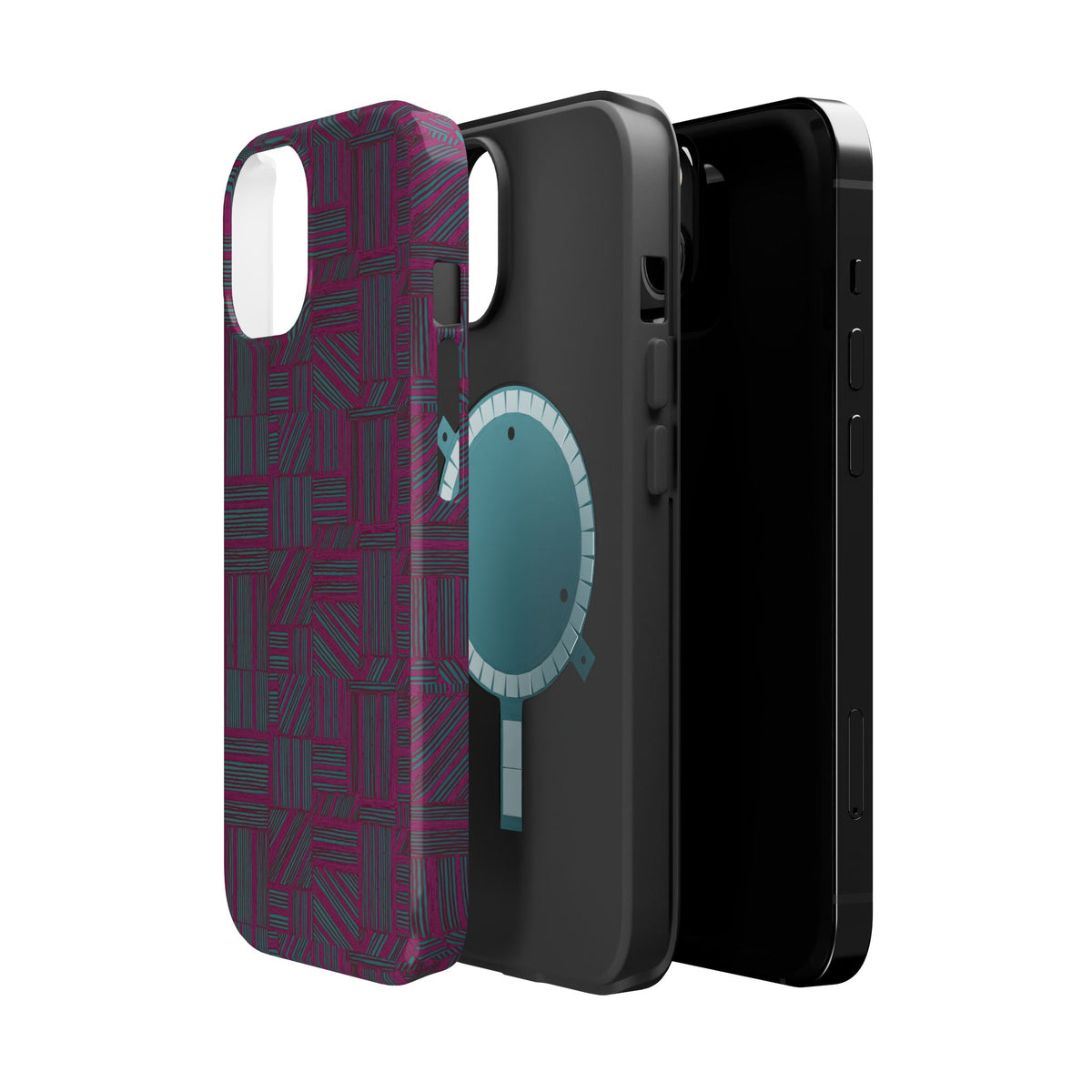 Slim Protective Phone Case With MagSafe, Dual-Layer Impact Protection, Plum Geometric Design, clean back view showcasing seamless full-wrap artwork; slim protective iphone 16 promax  case.