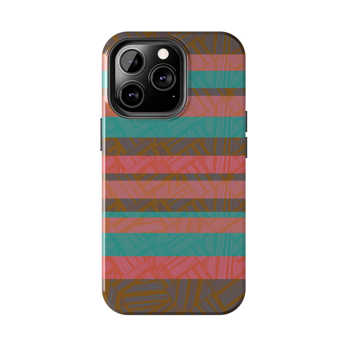 Striped Tribal Tough Phone Case — Retro Teal & Coral Protective Cover shown at an angle with a glossy finish and side controls on a fractyl shockproof iphone 17 pro case