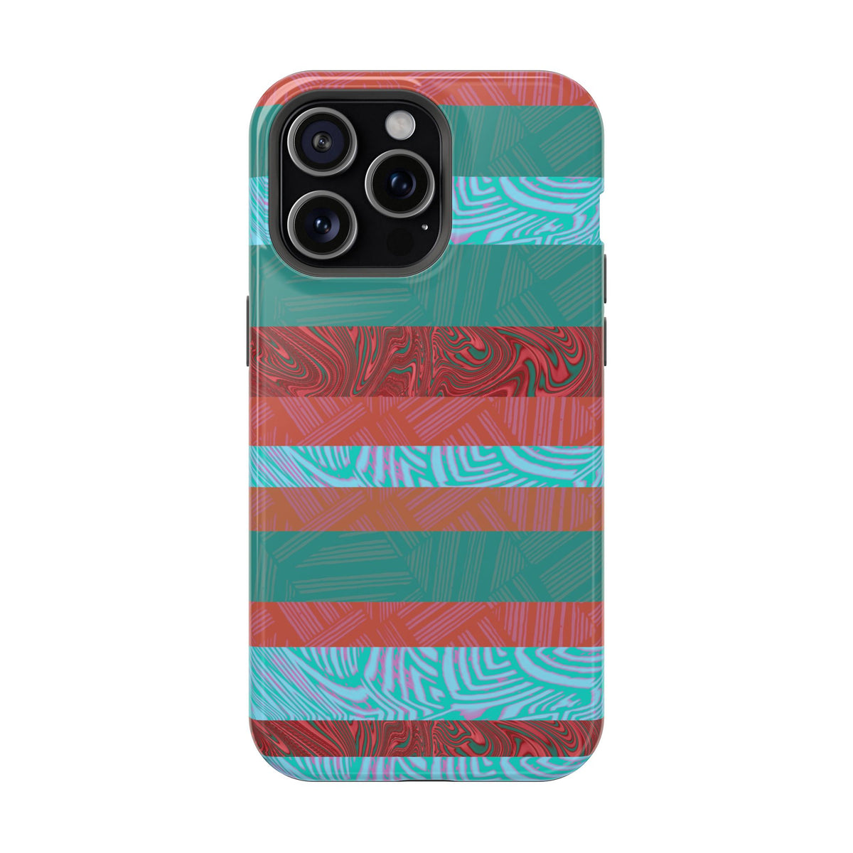 Striped Teal & Coral Magnetic Impact Phone Case rear camera opening, Fractyl magsafe compatible iphone 18 pro max case
