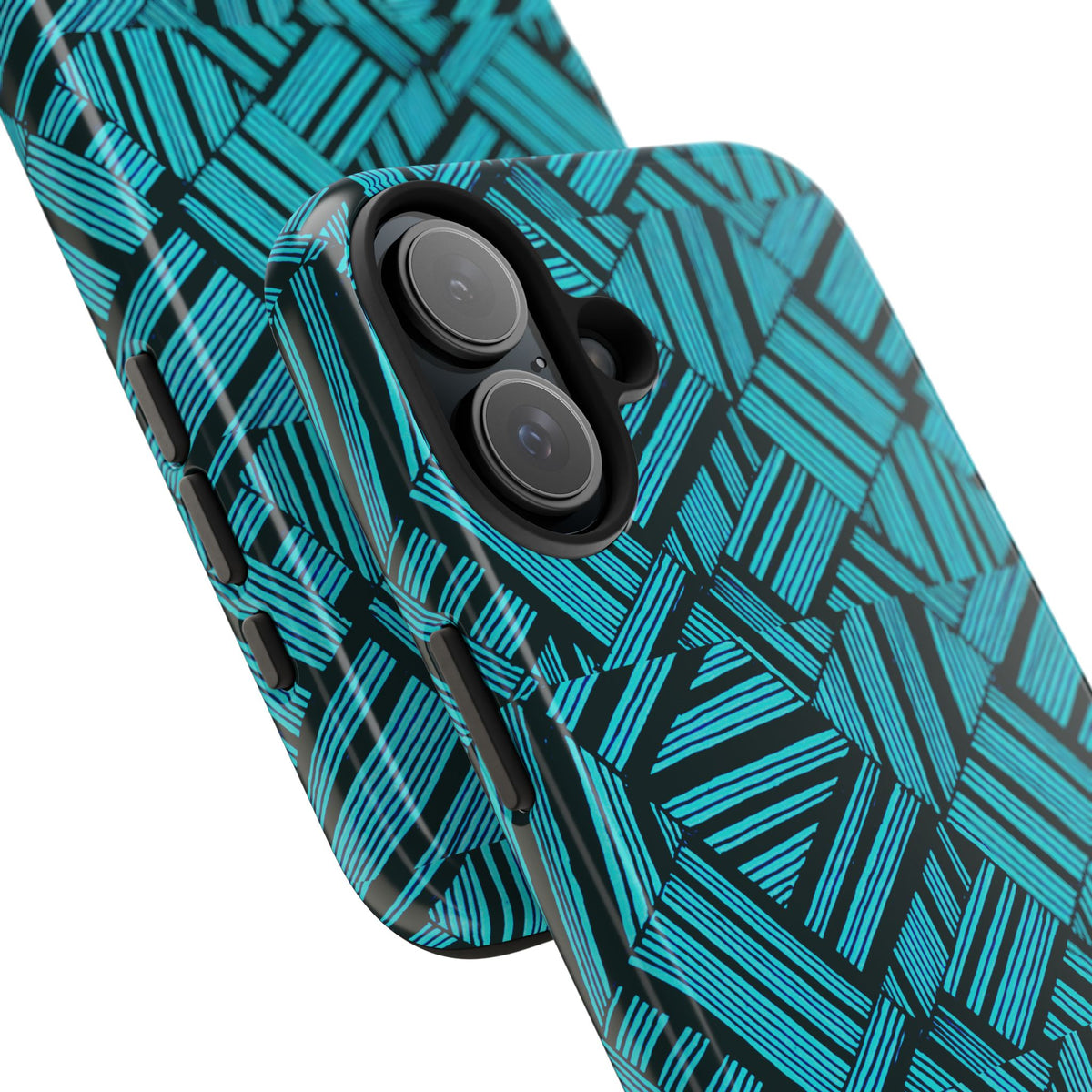 Teal Geometric Tough Phone Case — Durable Protective Phone Case with Modern Stripe Pattern, detailed side view of a durable shockproof iphone 18 pro max case