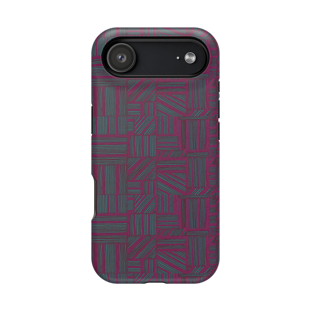 Slim Protective Phone Case With MagSafe, Dual-Layer Impact Protection, Plum Geometric Design, rear and side view showing impact-resistant case coverage; slim protective iphone 16 promax  case.
