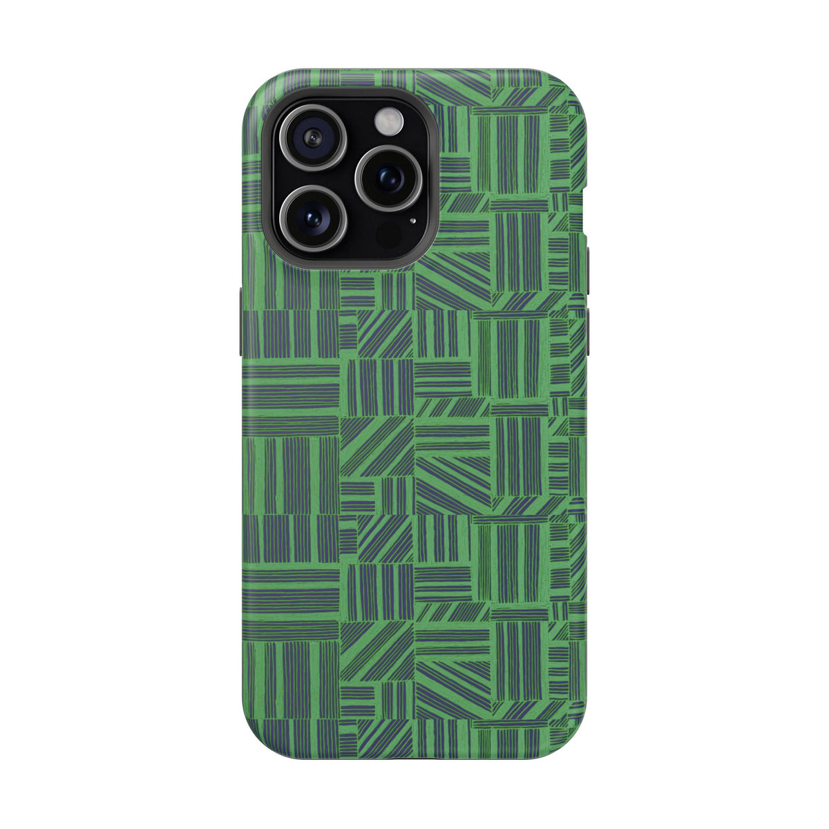 Green Magnetic Phone Case — 2-Layer Geometric MagSafe-Compatible Impact-Resistant Cover, green magnetic phone case- price match with CASETiFY and Casely, green case for a triple-camera smartphone.