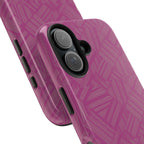 Magenta Geo Pattern Tough Phone Case — Protective Floral-Style Abstract Design, wireless charging iphone 18 pro case with separated shell and black phone.