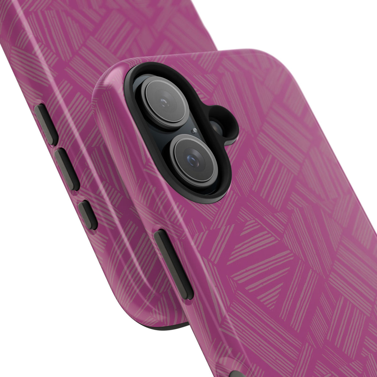 Magenta Geo Pattern Tough Phone Case — Protective Floral-Style Abstract Design, wireless charging iphone 18 pro case with separated shell and black phone.
