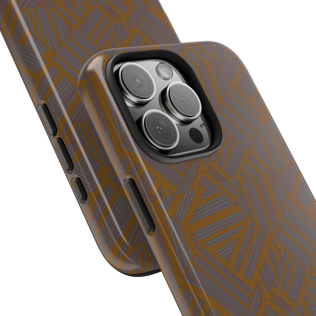 Tough Phone Case — Geometric Maze Brown Protective Cover, wireless charging iphone 18 pro max case shown in a rear close-up with glossy geometric printing.