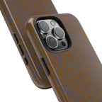 Tough Phone Case — Geometric Maze Brown Protective Cover, wireless charging iphone 18 pro max case shown in a rear close-up with glossy geometric printing.