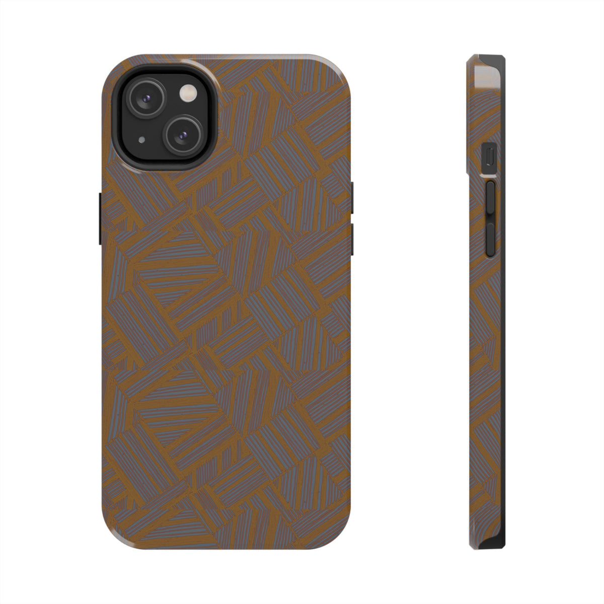 Tough Phone Case — Geometric Maze Brown Protective Cover, wireless charging iphone 18 pro max case displayed from the side with button cutouts.