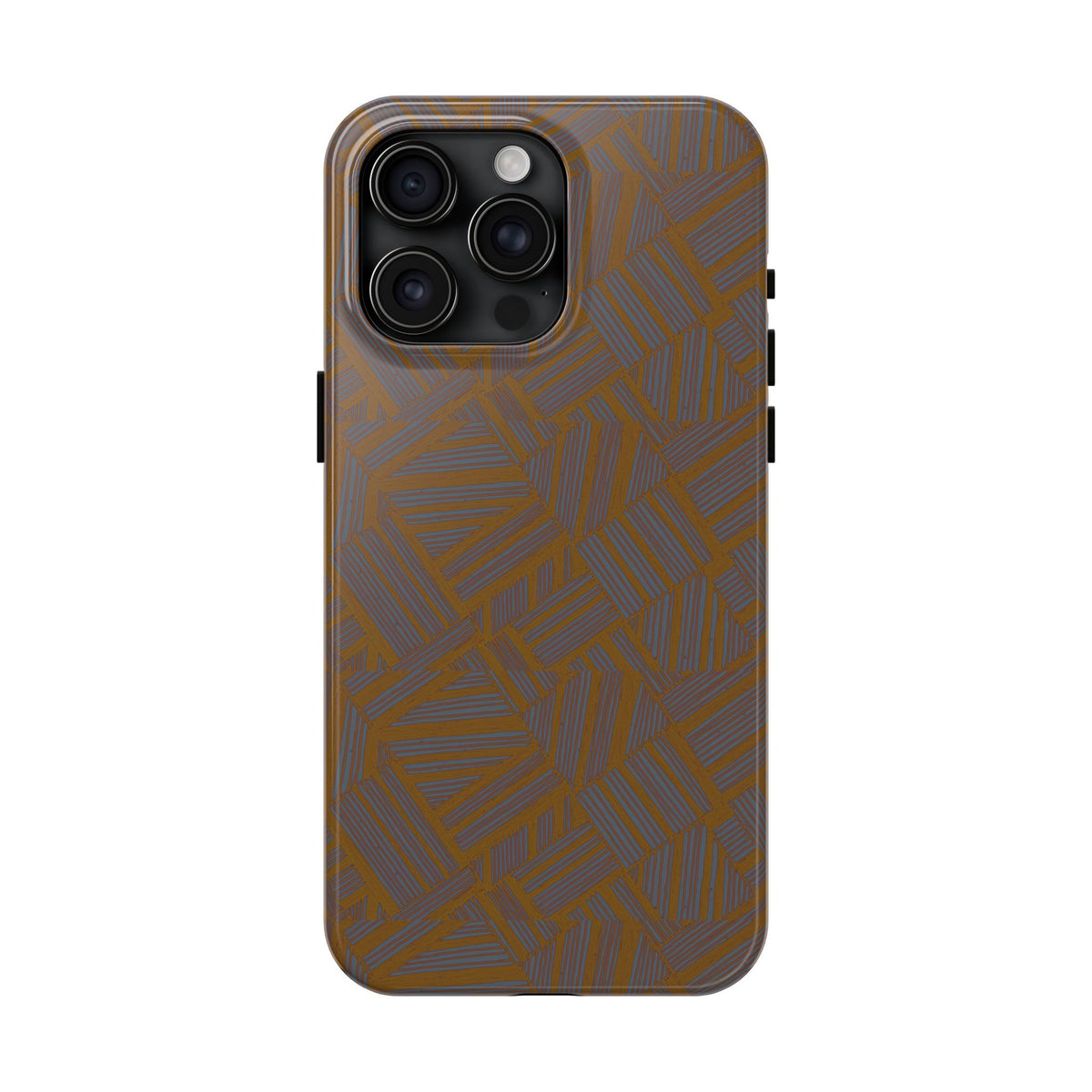 Tough Phone Case — Geometric Maze Brown Protective Cover, wireless charging iphone 18 pro max case with full-back geometric pattern and raised edges.