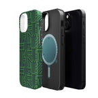 Green Magnetic Phone Case — 2-Layer Geometric MagSafe-Compatible Impact-Resistant Cover, green magnetic phone case- price match with CASETiFY and Casely, green patterned shell separated from black inner liner.