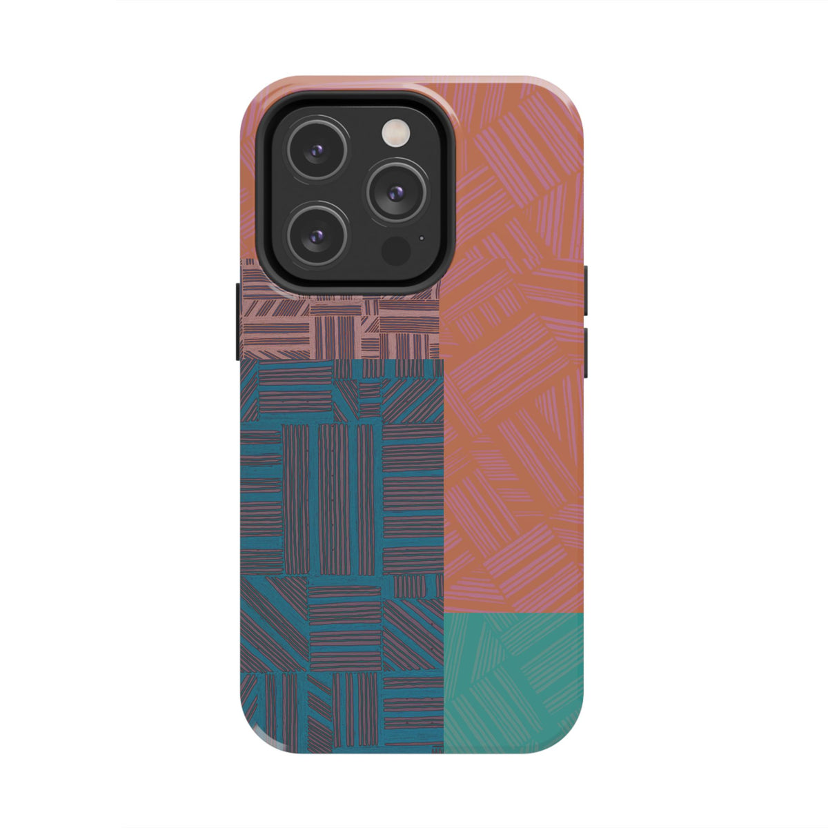 Abstract Geometric Tough Phone Case — Retro Block Pattern, retro iphone 18 pro max case with colorful hand-drawn grid artwork and camera cutout.
