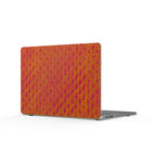 Side view of the Orange Pink Houndstooth Matte MacBook Case, highlighting its trendy design. This retro MacBook skin is an excellent option for back to school, making it an ideal colorful case for college laptops. With its unique look, it’s aimed at female students wanting a creative laptop cover; this matte laptop ensures protection while adding flair to everyday work from home environments.