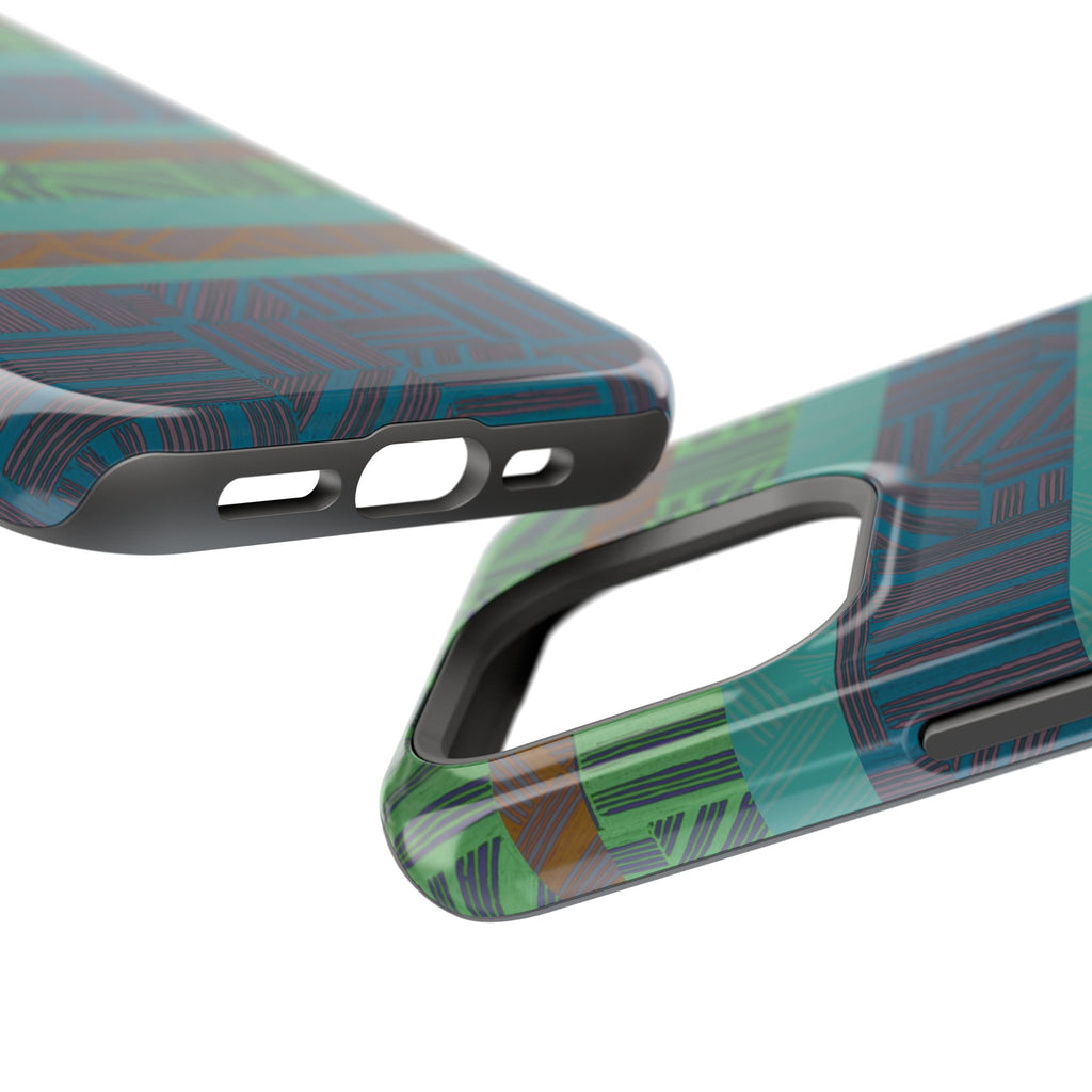 Green Geometric Stripe Phone Case — Impact-Resistant, wireless charging iphone 16 pro max case angled to showcase continuous edge printing.