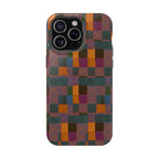 Impact-Resistant Phone Case — Retro Checkerboard Pattern, Fractyl wireless charging iphone 18 pro case with a glossy protective shell and artistic checkerboard artwork.