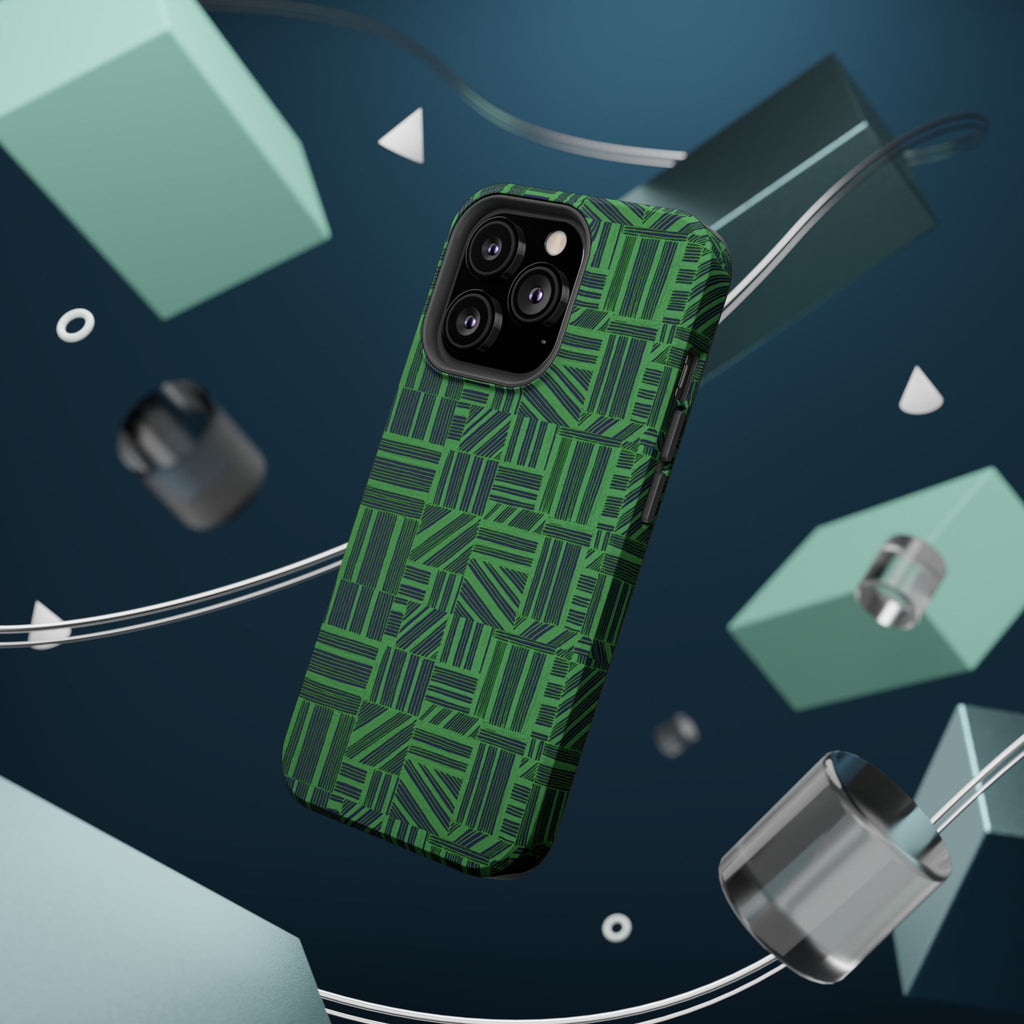 Green Magnetic Phone Case — 2-Layer Geometric MagSafe-Compatible Impact-Resistant Cover, green magnetic phone case- price match with CASETiFY and Casely, close-up of green geometric case around camera lenses.