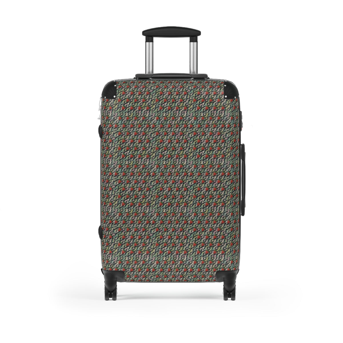 Houndstooth Carry-On Suitcase – Retro Red & Green Patterned Travel Luggage, hard shell carry on front view with durable black edges and four wheels