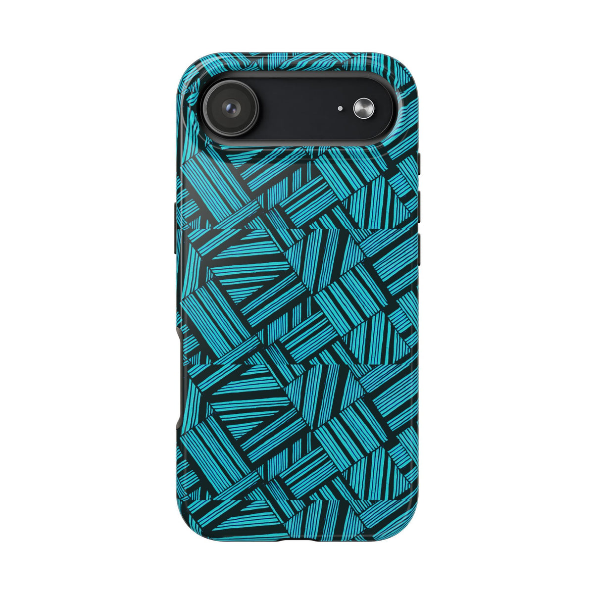 Teal Geometric Tough Phone Case — Durable Protective Phone Case with Modern Stripe Pattern, angled view of a teal shockproof iphone 18 pro max case