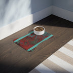 Marbled Red & Teal Pet Feeding Mat — Non-Slip Dog & Cat Placemat displayed in a cozy corner with a bowl of dog food, highlighting the mat's stylish design and non-slip features for pets.