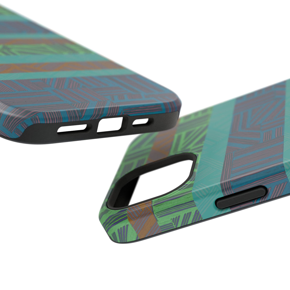 Green Geometric Stripe Phone Case — Impact-Resistant, wireless charging iphone 16 pro max case with precise bottom openings for charging and speakers.