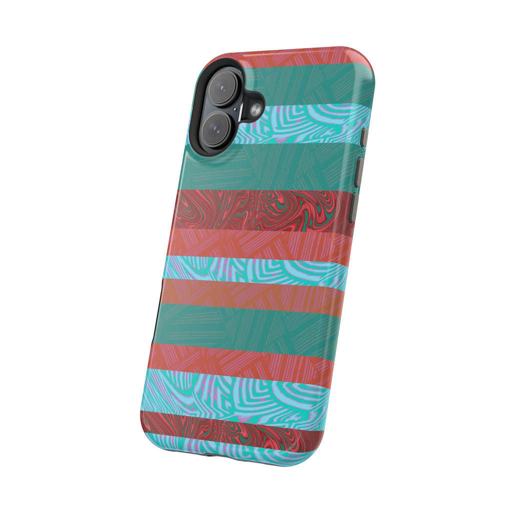 Striped Teal & Coral Magnetic Impact Phone Case lower edge with speaker and charging cutouts, Fractyl magsafe compatible iphone 18 pro max case