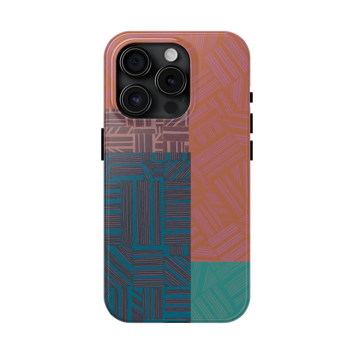Abstract Geometric Tough Phone Case — Retro Block Pattern, retro iphone 18 pro max case highlighting detailed blue, pink, and teal retro line patterns.