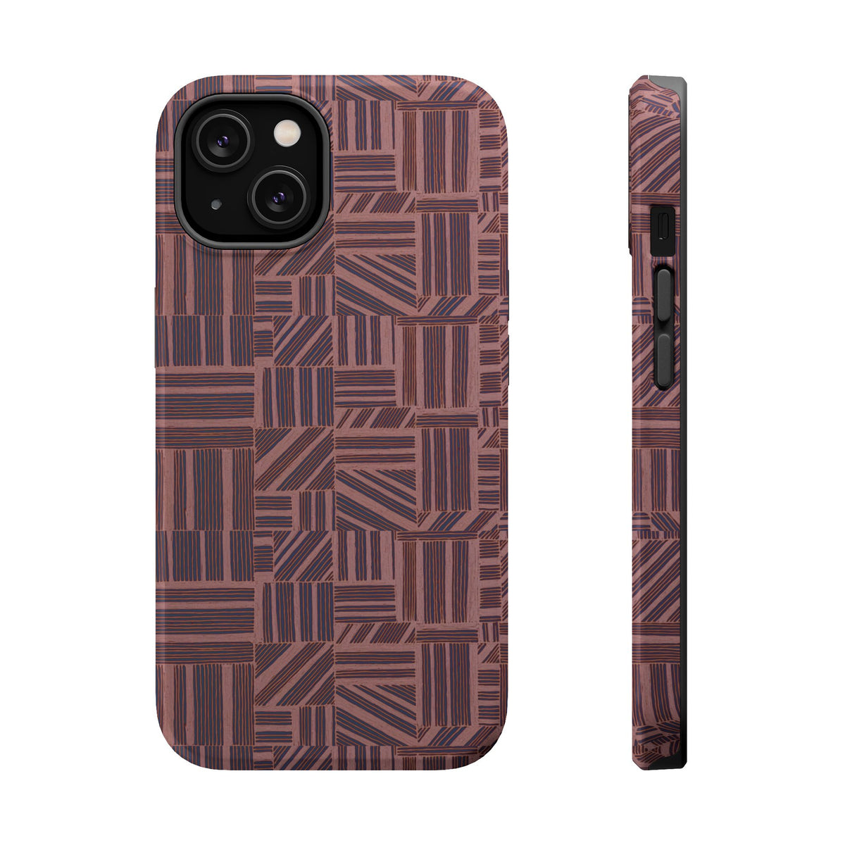 MagSafe Impact Resistant Phone Case - Geometric Brown Pattern, Dual-Layer Protection, front and side view; impact resistant iphone 17 pro max case
