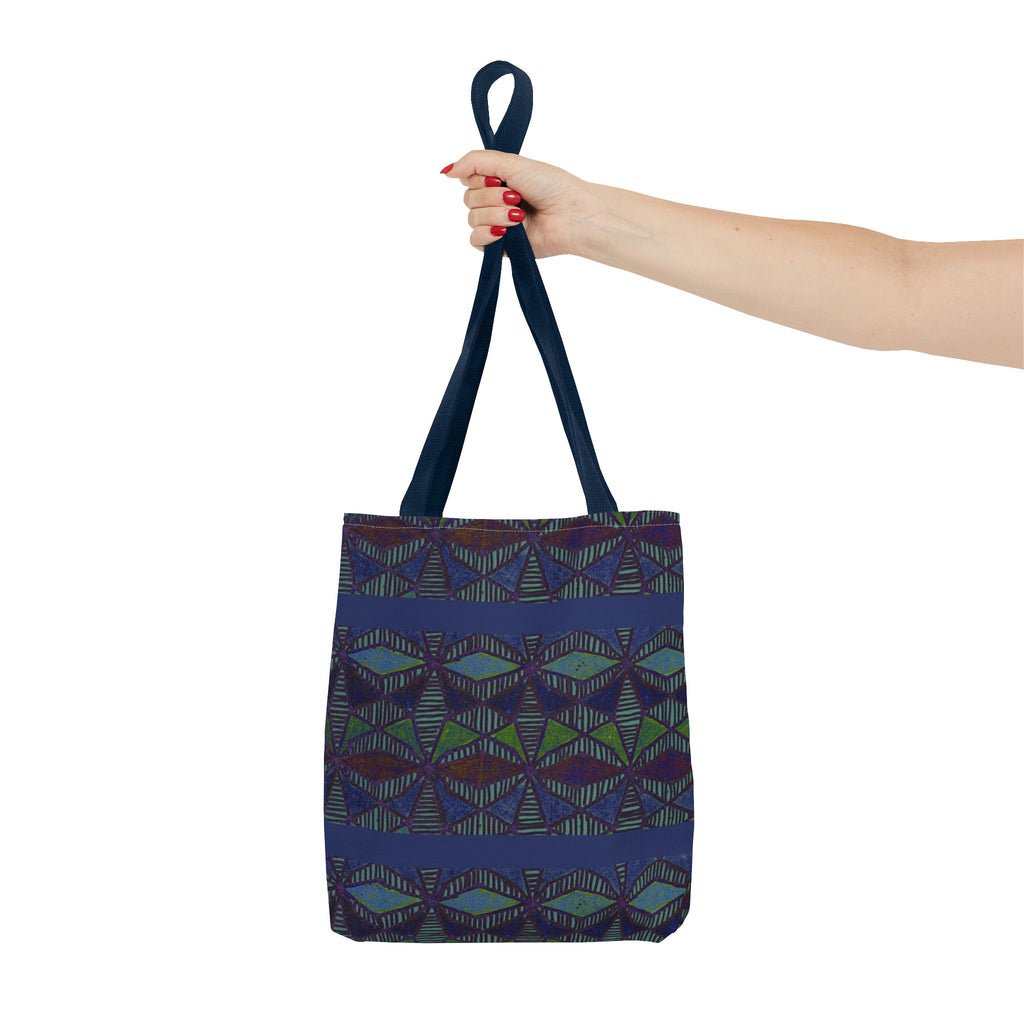 Geometric Indigo Printed Canvas Market Tote With Reinforced Handles And Boxed Corners, large cotton tote held by hand with navy handles