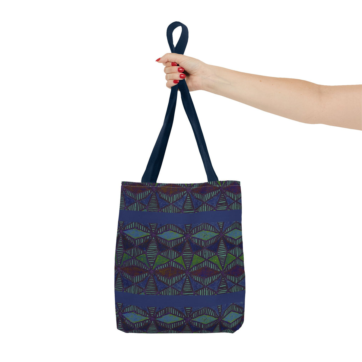 Geometric Indigo Printed Canvas Market Tote With Reinforced Handles And Boxed Corners, large cotton tote held by hand with navy handles