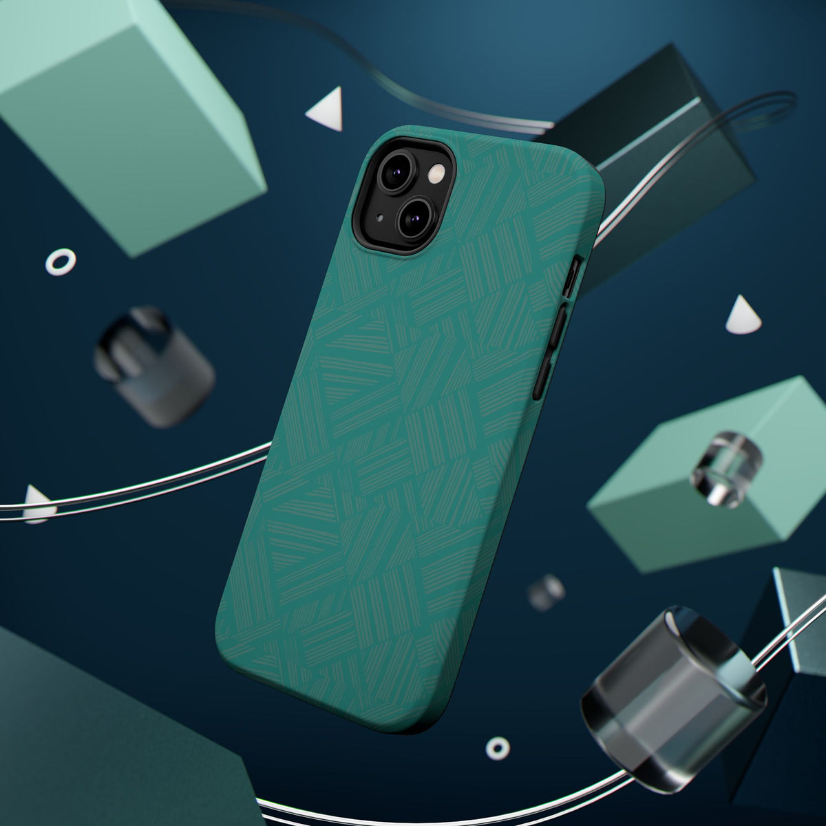 Magnetic Impact-Resistant Phone Case — Teal Geometric Protective Cover, magnetic iphone 18 pro case lifestyle product shot