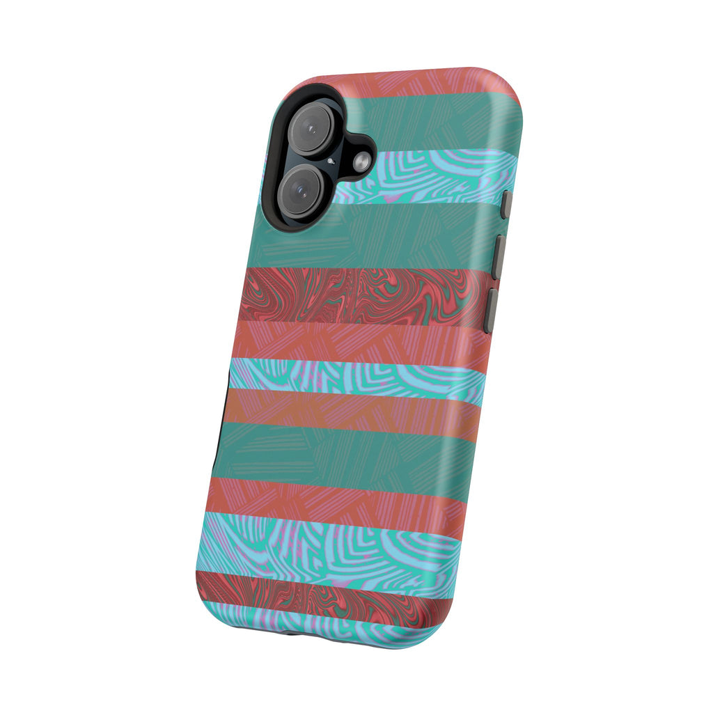 Striped Teal & Coral Magnetic Impact Phone Case removed from phone in an exploded view, Fractyl magsafe compatible iphone 18 pro max case