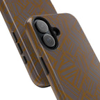 Tough Phone Case — Geometric Maze Brown Protective Cover, wireless charging iphone 18 pro max case shown with a dual-camera opening and black inner liner.