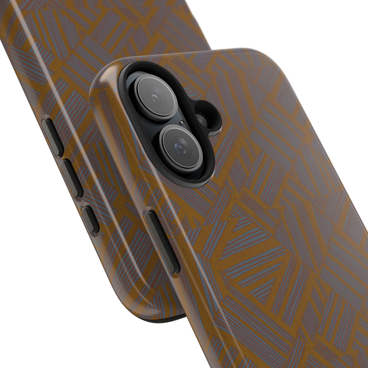Tough Phone Case — Geometric Maze Brown Protective Cover, wireless charging iphone 18 pro max case shown with a dual-camera opening and black inner liner.