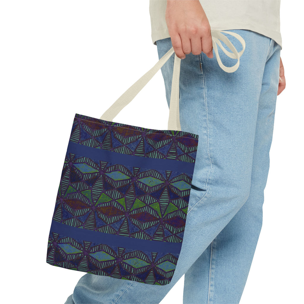 Geometric Indigo Printed Canvas Market Tote With Reinforced Handles And Boxed Corners, large cotton tote with navy handles