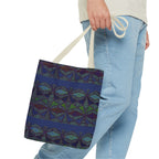 Geometric Indigo Printed Canvas Market Tote With Reinforced Handles And Boxed Corners, large cotton tote with navy handles
