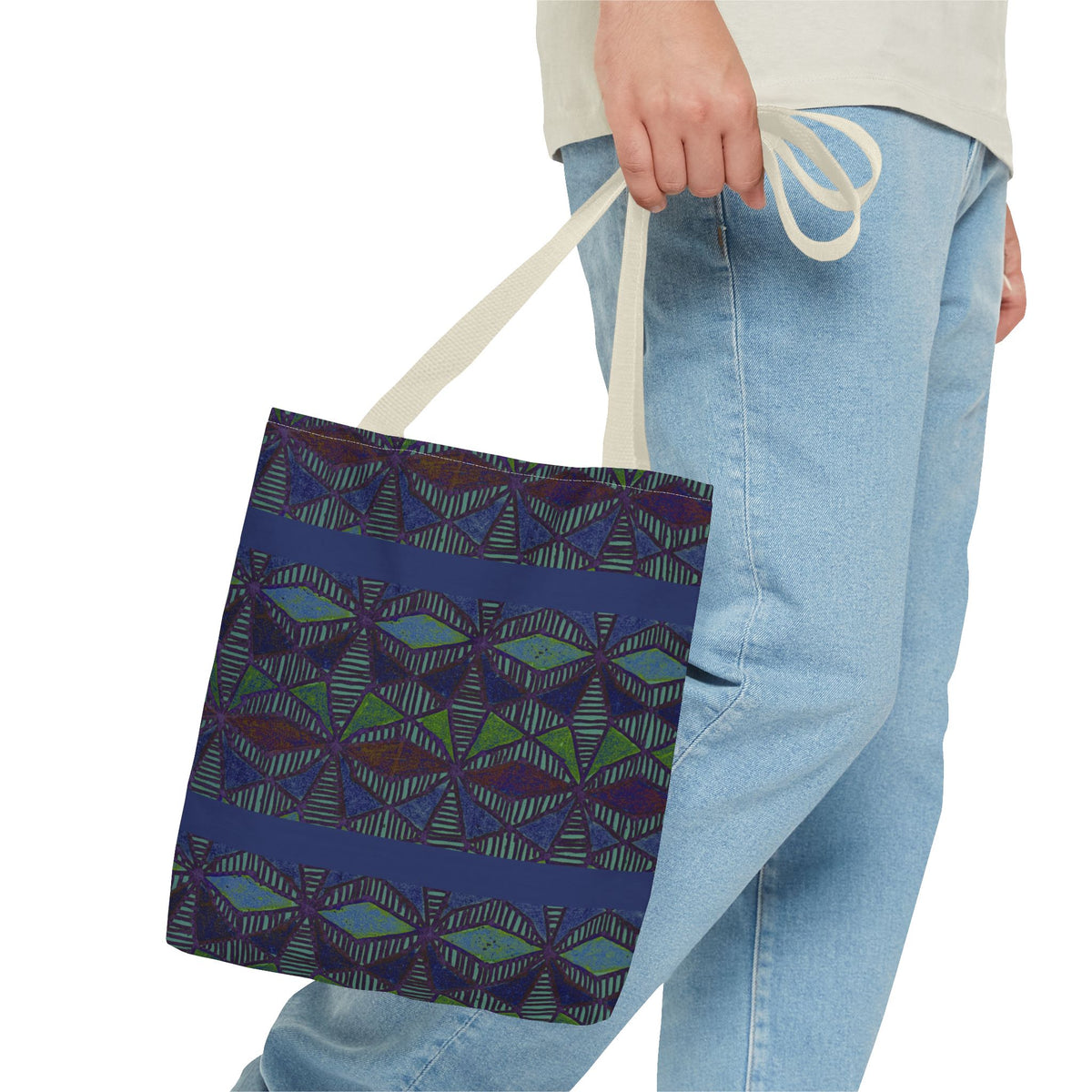 Geometric Indigo Printed Canvas Market Tote With Reinforced Handles And Boxed Corners, large cotton tote with navy handles