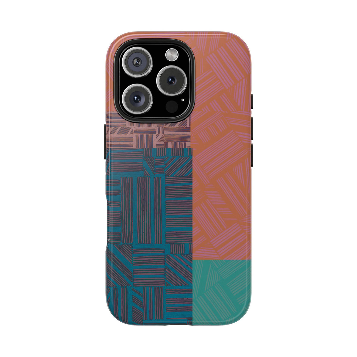 Abstract Geometric Tough Phone Case — Retro Block Pattern, retro iphone 18 pro max case with a large multi-lens camera cutout and colorful abstract artwork.