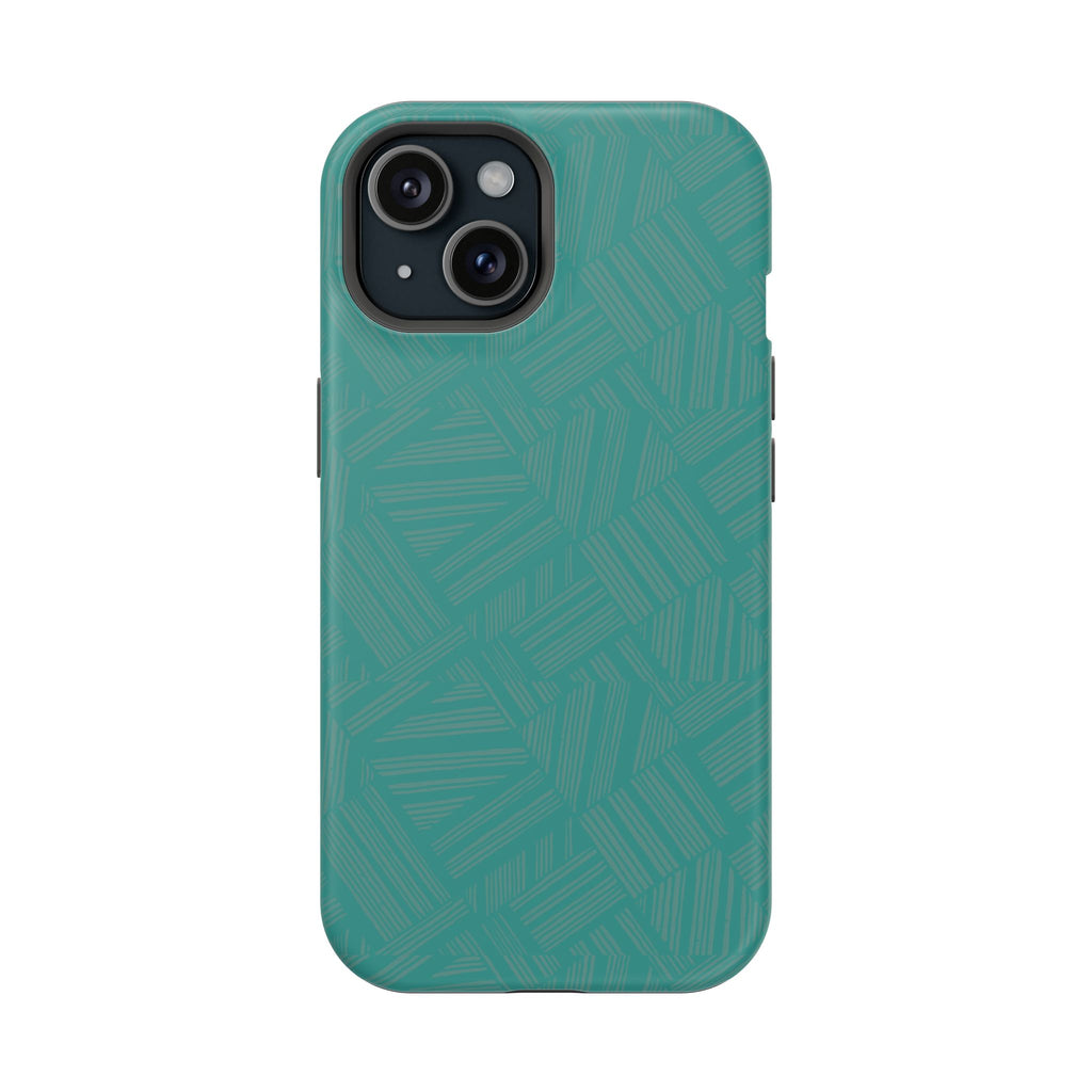 Magnetic Impact-Resistant Phone Case — Teal Geometric Protective Cover, magnetic iphone 18 pro case triple-camera rear view