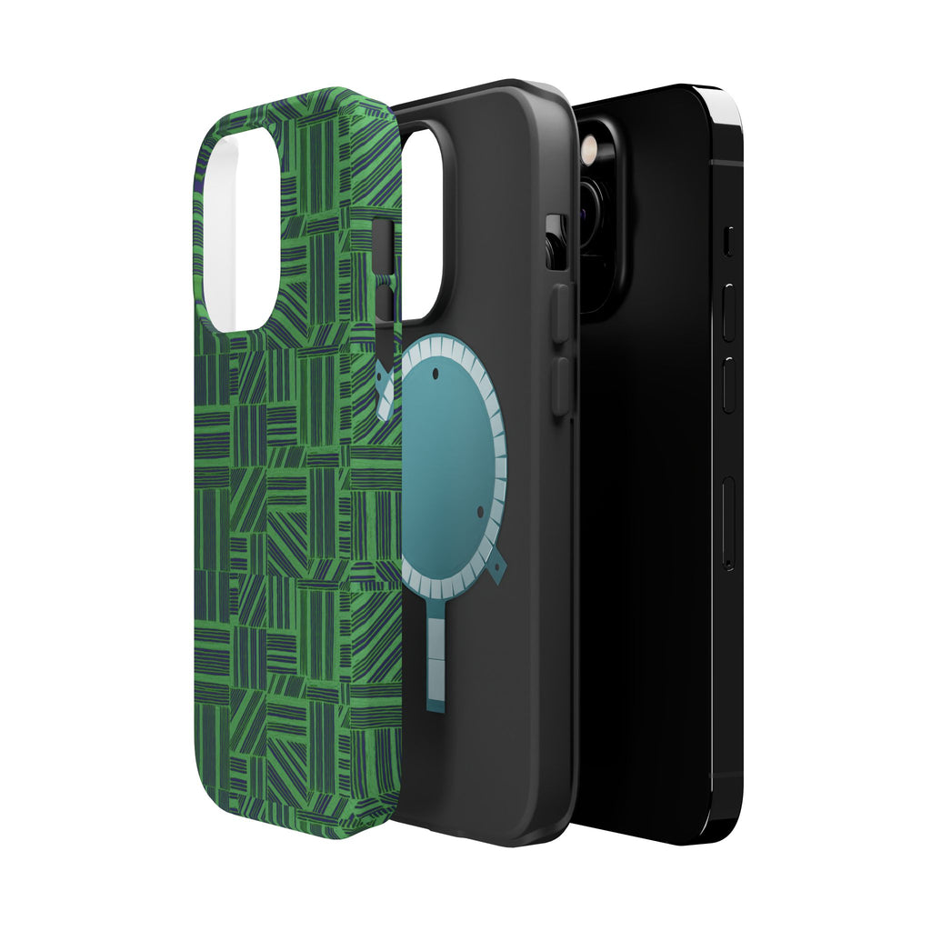 Green Magnetic Phone Case — 2-Layer Geometric MagSafe-Compatible Impact-Resistant Cover, green magnetic phone case- price match with CASETiFY and Casely, upright geometric case with triple-camera opening.